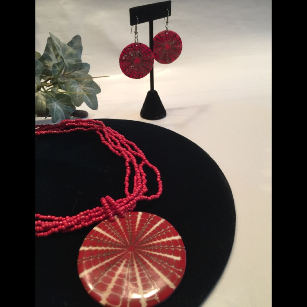 Red Beaded Necklace and Earring